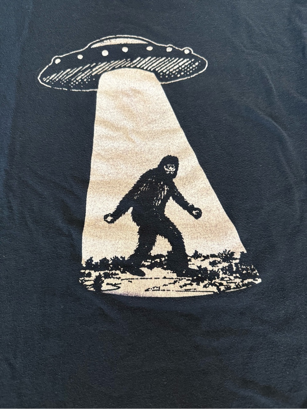 Bigfoot Abduction Graphic Tee in Black and Cream. Mens Small.